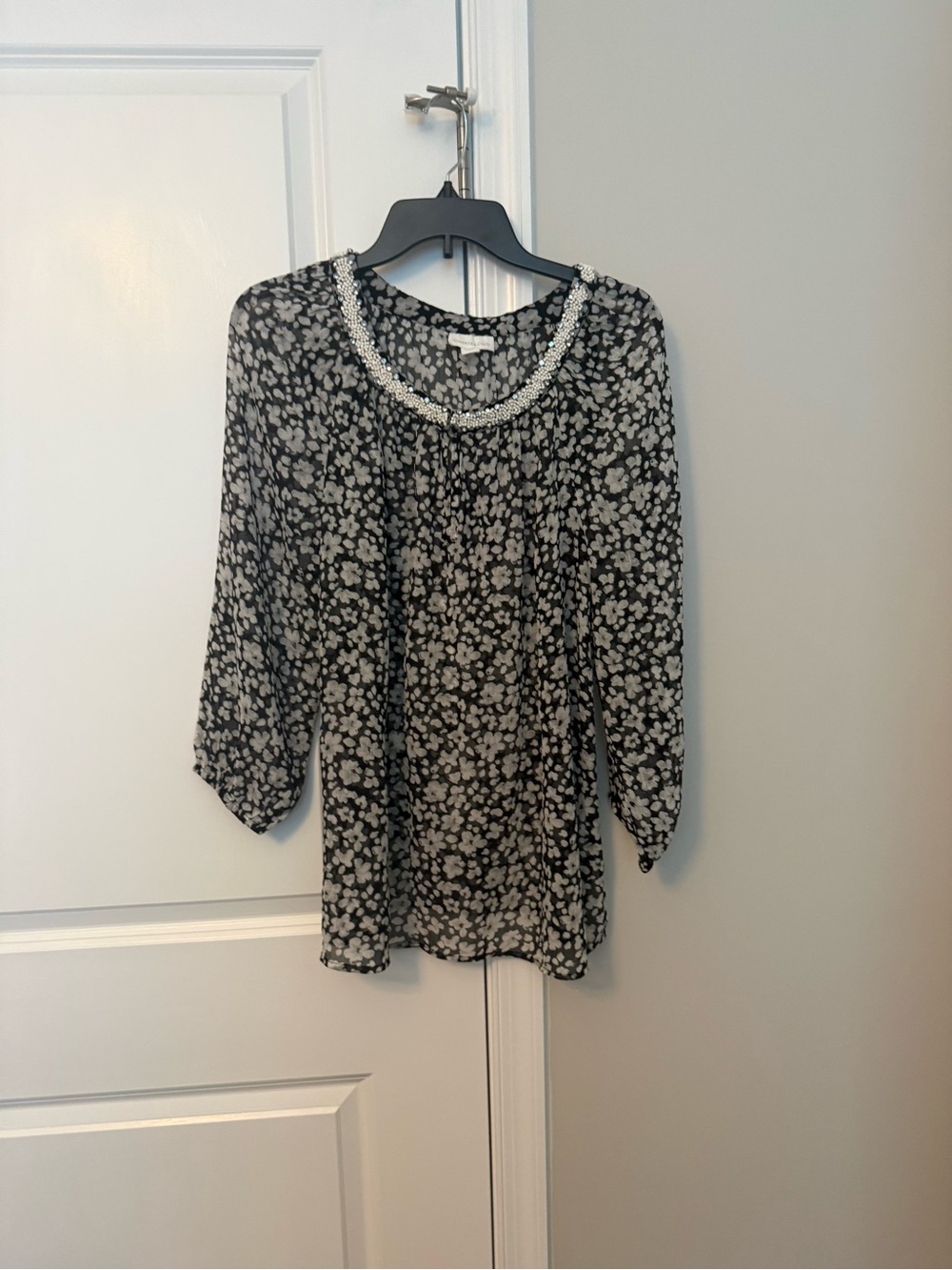 Charter Club Black and White Floral Beaded Neck Blouse